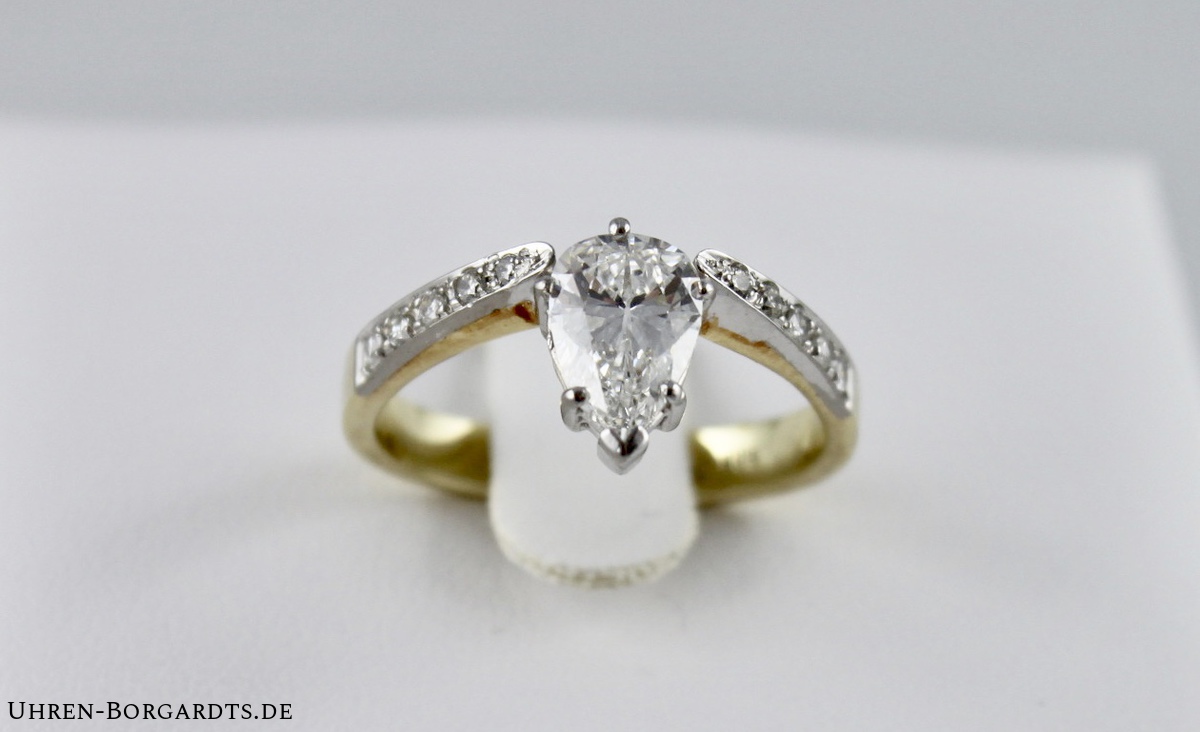 DPL 1 Diamanten Tropfen 1,08ct E / si2 Ring 10 Brillanten 0,17ct 585